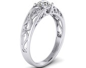 Vintage Style Engagement Ring - 14k White Gold w Moissanite