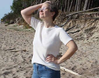 Linen T shirt, Knitted  Short Sleeve Top, White Linen Tee