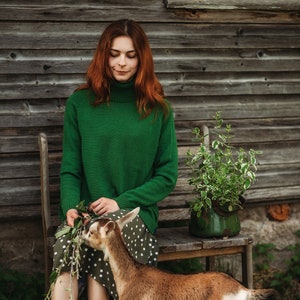 Merino Rollkragenpullover, Grüner Wollpullover, Lockerer Winterpullover, Schlichter Stehkragenpullover