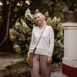Hand Knit Merino Wool Sweater: White V-Neck Pullover
