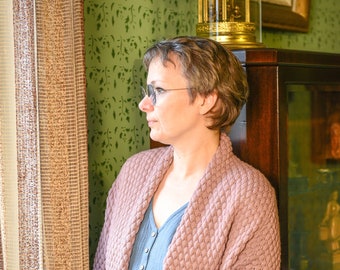 Cardigan in lana merino lavorato a mano: comoda giacca lunga aperta sul davanti