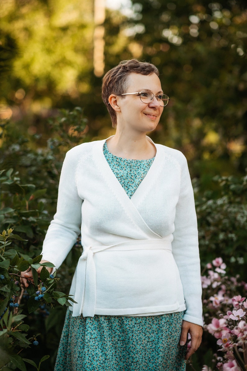 Linen Wrap Cardigan with Belt, White Summer Wrap Top, Knitted Linen Sweater, Knit Linen Jacket with Belt White