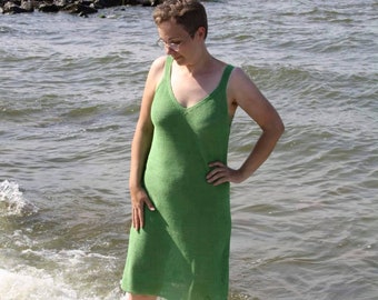 Pure Linen Slip Dress, Green Beach Sleeveless Tank Dress, Cami Linen Dress