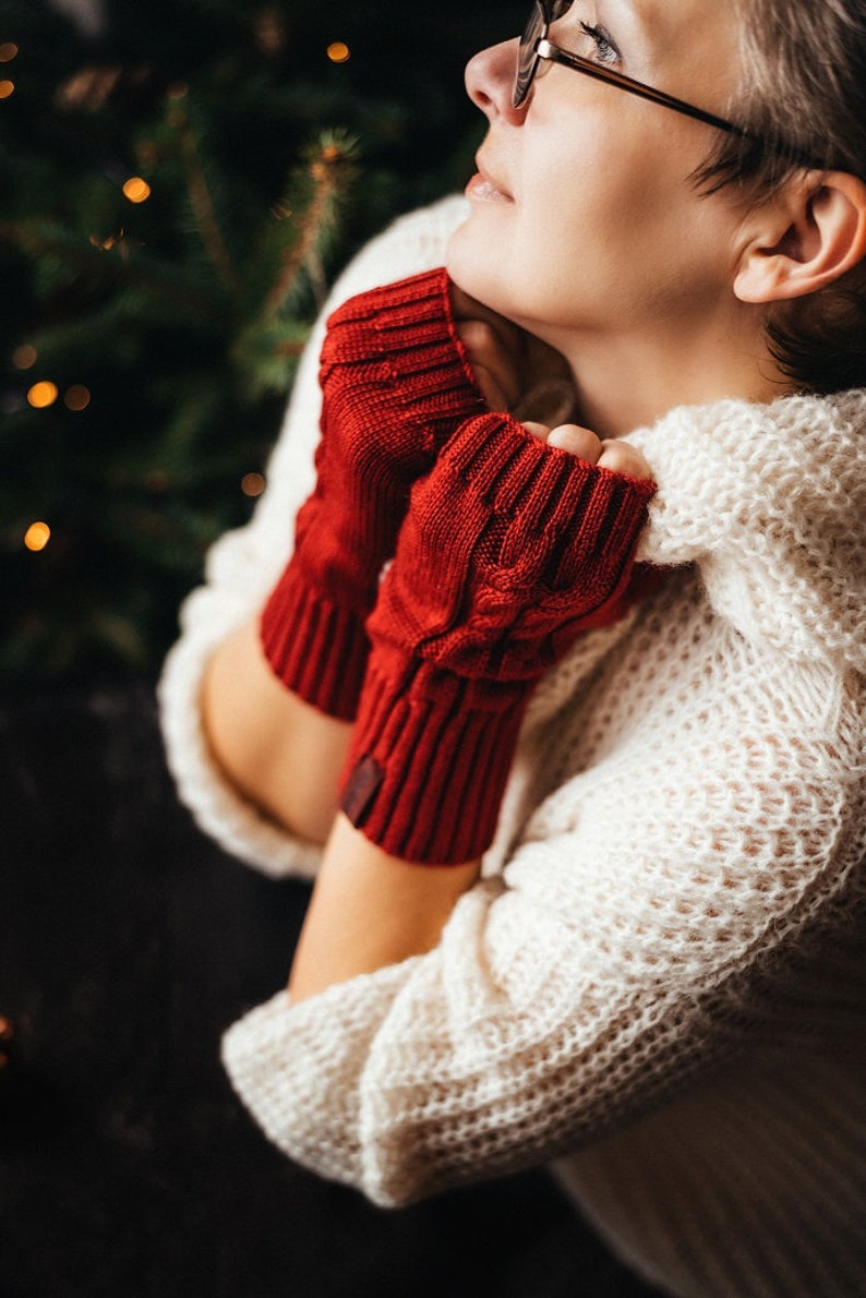 Merino Wool Knit Fingerless Gloves, Hand Warmers, Winter Gloves, Gift for Her image 2