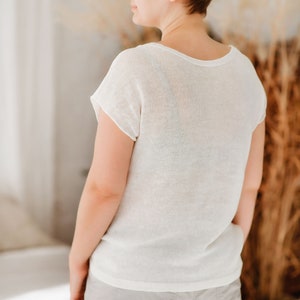 Linen T Shirt, White Knit Linen Blouse, Short Sleeve Top, Loose Short Sleeves Sweater image 3