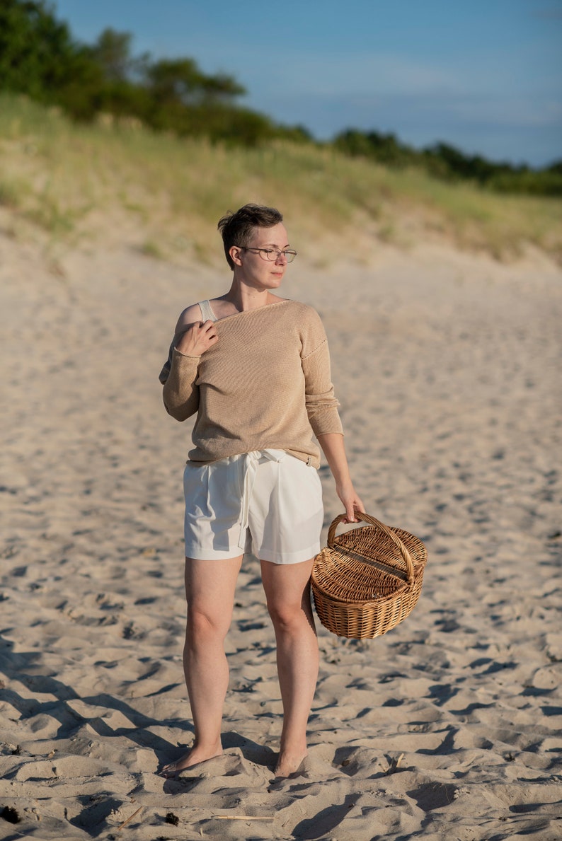 Linen Off Shoulder Top in Emerald Green, Linen Knit Sweater For Women, Loose Linen Top image 5