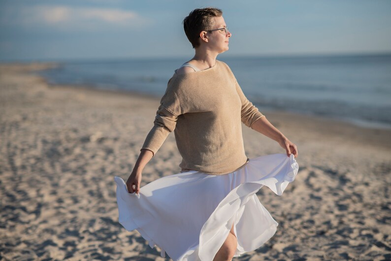 Linen Off Shoulder Top in Emerald Green, Linen Knit Sweater For Women, Loose Linen Top image 6