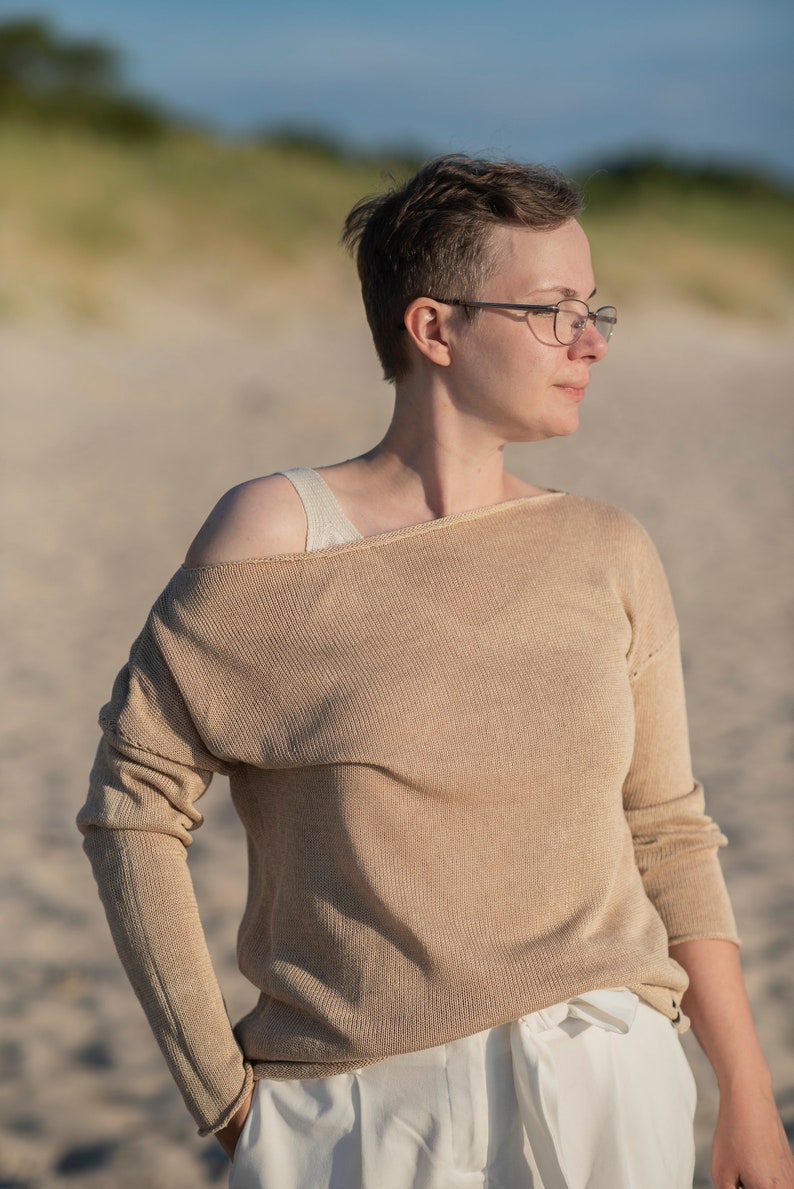 Linen Off Shoulder Top in Emerald Green, Linen Knit Sweater For Women, Loose Linen Top latte