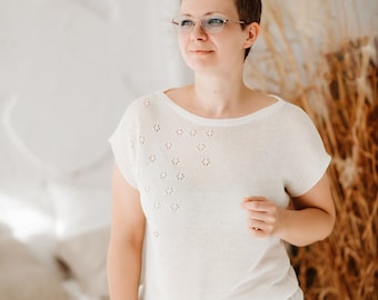 Linen T Shirt, White Knit Linen Blouse, Short Sleeve Top, Loose Short Sleeves Sweater