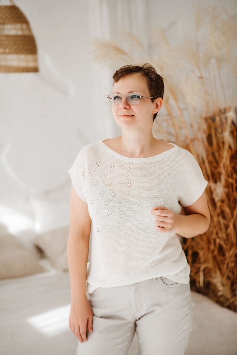 Linen T Shirt, White Knit Linen Blouse, Short Sleeve Top, Loose Short Sleeves Sweater image 1