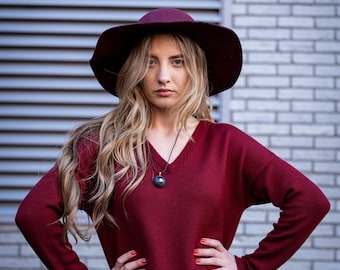 Merino Wool Midi Dress, Knit V Neck Fall Sweater Tunic, Basic Burgundy Winter Dress