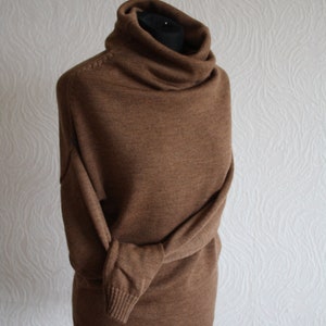 Roll Neck Jumper, Merino Wool Sweater, Crew Clothing Funnel Neck Pullover Brown