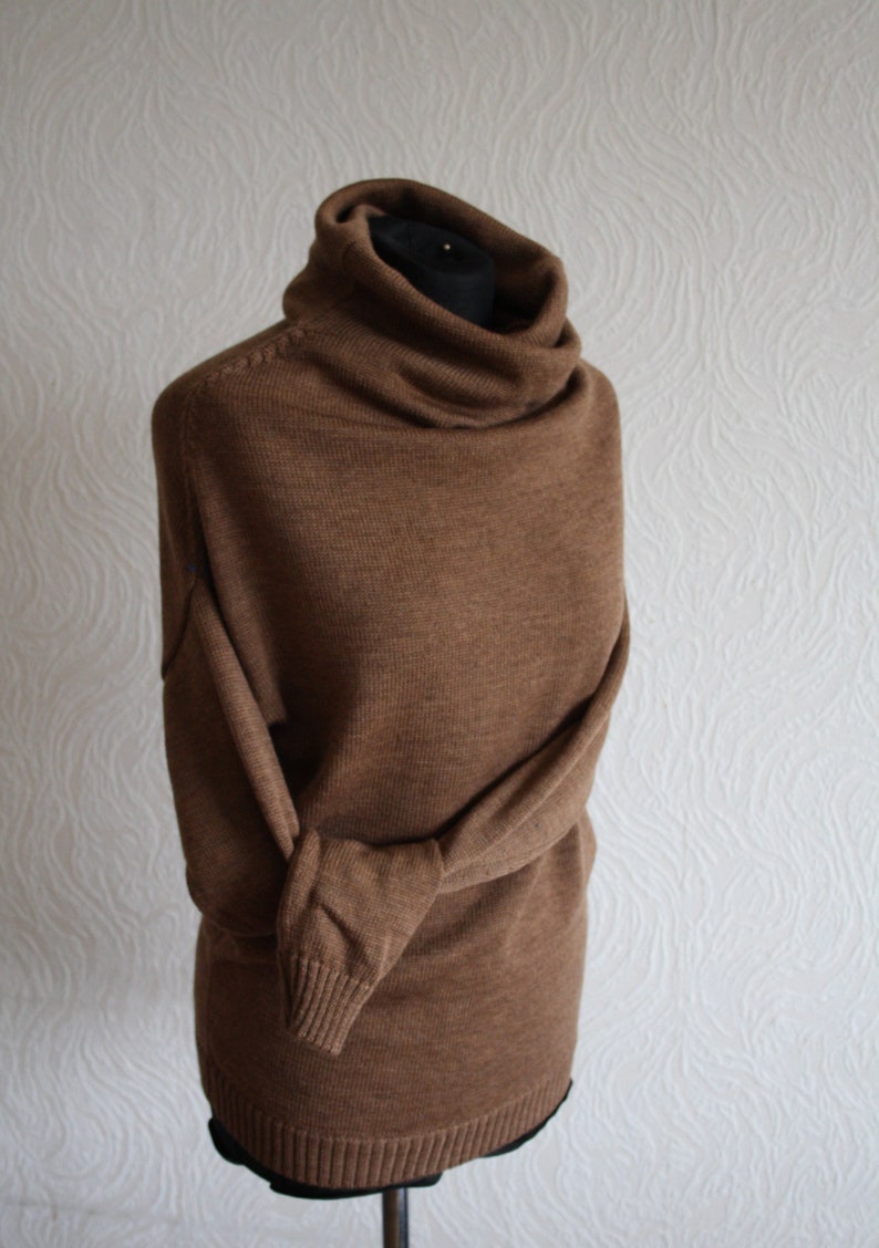 Roll Neck Jumper, Merino Wool Sweater, Crew Clothing Funnel Neck Pullover Brown