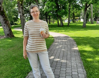 Leinen Gestreiftes Sommer Top, Pullover mit Kurzen Ärmeln, Leinen Strick Bluse, Damen Sailor T Shirt