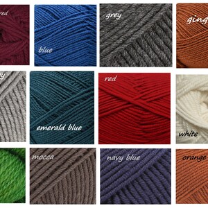 May include: A collection of yarn skeins in various colors, including burgundy red, light grey, blue, emerald blue, mocha, green, grey, ginger, red, white, navy blue, and orange.