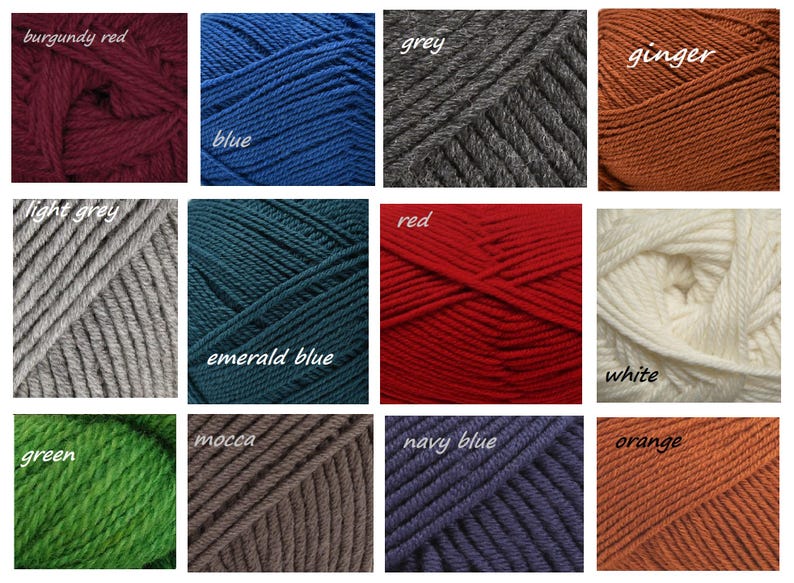 May include: A collection of yarn skeins in various colors, including burgundy red, light grey, blue, emerald blue, mocha, green, grey, ginger, red, white, navy blue, and orange.
