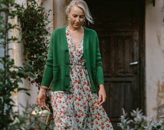 Cardigan en laine mérinos, pull boutonné vert, veste pour femme avec poches et boutons