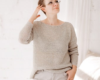 Oversized Boxy Linen Sweater, Summer Chunky Jumper, Organic Linen Top for Women, Knit Loose Pullover