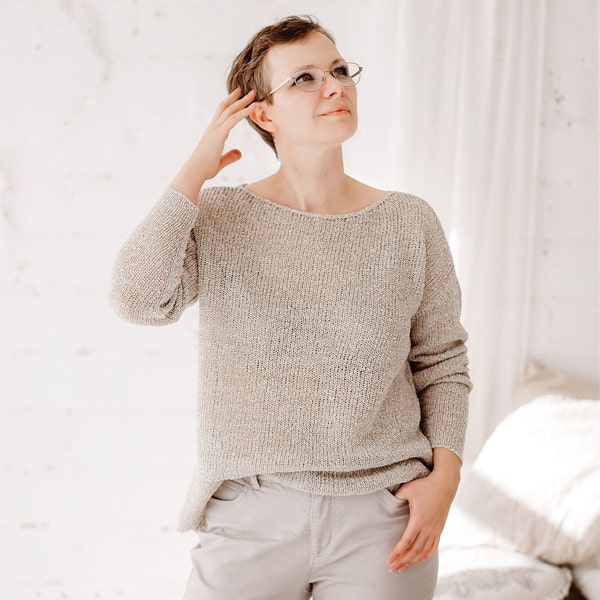 Pull carré surdimensionné en lin, pull d'été épais, haut en lin bio pour femme, pull ample en tricot