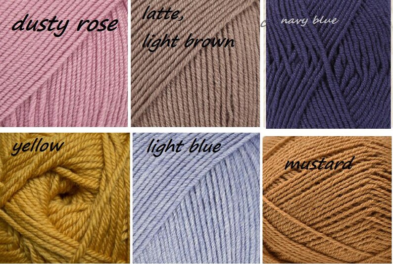 May include: A collection of yarn skeins in various colors, including dusty rose, latte, light brown, navy blue, yellow, light blue, and mustard.