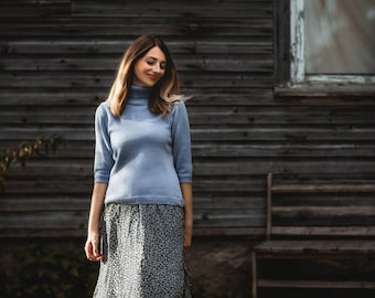 Maglione a collo alto a maniche corte, maglione a collo alto in lana merino, pullover lavorato a maglia da donna, top in lana merino