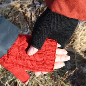 Merino Wool Knit Fingerless Gloves, Hand Warmers, Winter Gloves, Gift for Her red
