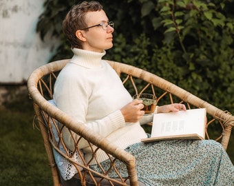 Hand Knit Merino Wool Turtleneck Sweater - White Wool Pullover