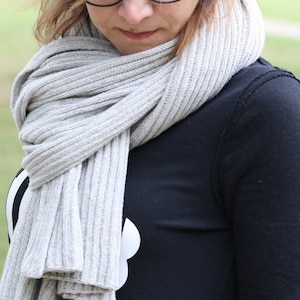 Womens Cashmere Merino Classic Scarf, Long Large Shawl, Light Grey Ribbed Scarf