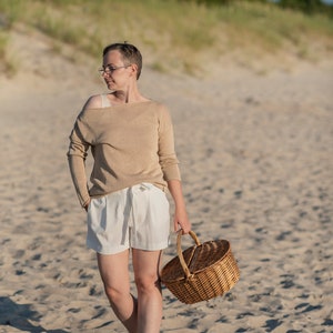 Linen Off Shoulder Top in Emerald Green, Linen Knit Sweater For Women, Loose Linen Top image 3