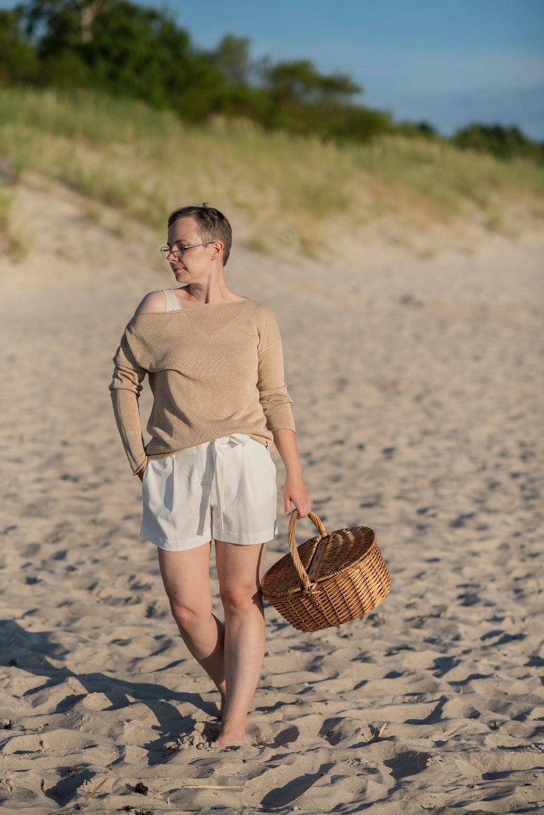 Linen Off Shoulder Top in Emerald Green, Linen Knit Sweater For Women, Loose Linen Top image 3