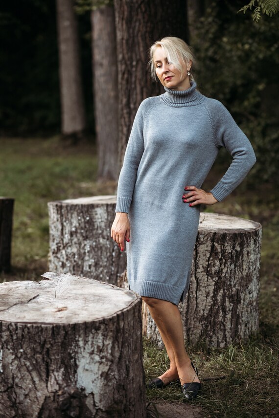 Knit Merino Wool Jumper Dress, Grey Wool Tunic, Turtleneck Jumper 