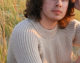 Chunky Merino Wool Jumper, Crew Neck Minimalist Sweater for Men, Mens Winter Pullover Top