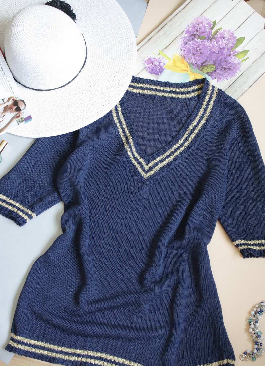 V Neck Knit Linen Top for Woman, Short Sleeve Summer T-shirt, Organic ...