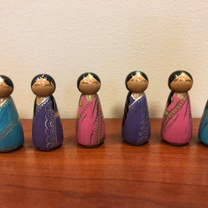 Wooden Handpainted Peg Doll Toys Sarees Saris of India Series Various Hairstyles image 1