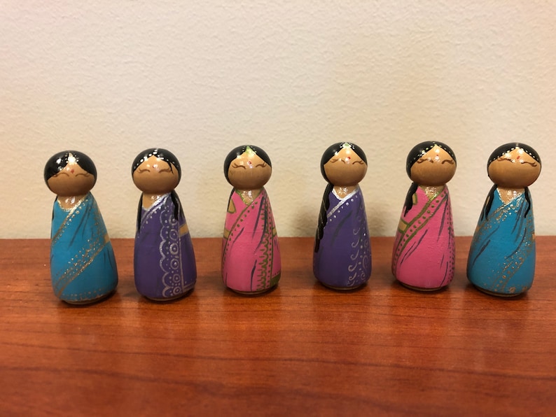 Wooden Handpainted Peg Doll Toys Sarees Saris of India Series Various Hairstyles image 1