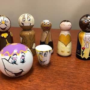 Disney Beauty and the Beast Handpainted Wooden Peg Dolls Toys Belle and Beast