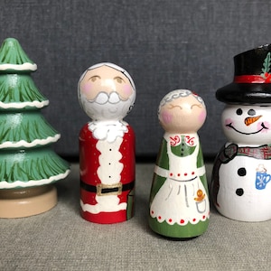 Christmas Wooden Peg Doll Toys Ornaments Santa Snowman and More Handpainted