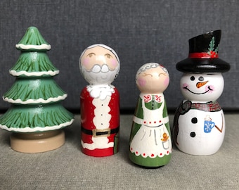 Christmas Wooden Peg Doll Toys Ornaments Santa Snowman and More Handpainted