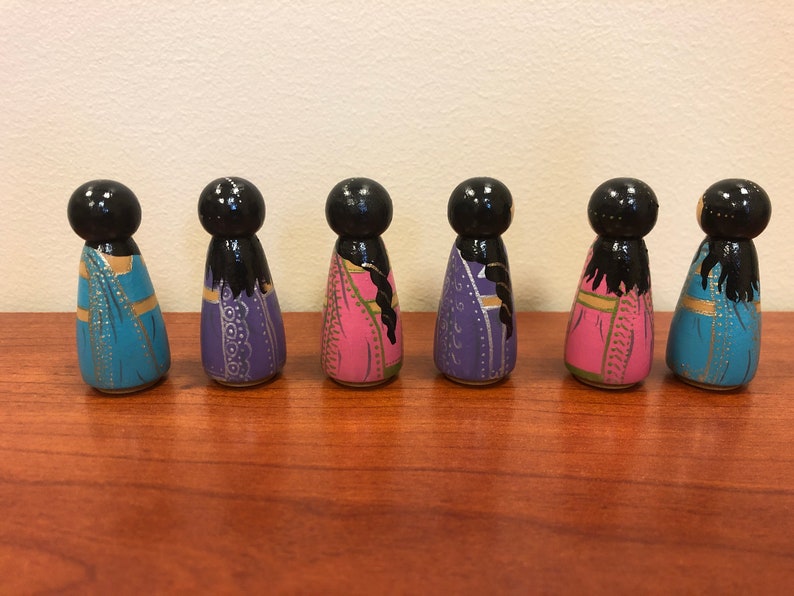 Wooden Handpainted Peg Doll Toys Sarees Saris of India Series Various Hairstyles image 2