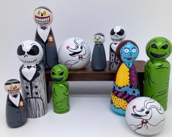 Nightmare Before Christmas - Jack Skellington - Wooden Peg Dolls - Handpainted Jack and Sally toy and Others