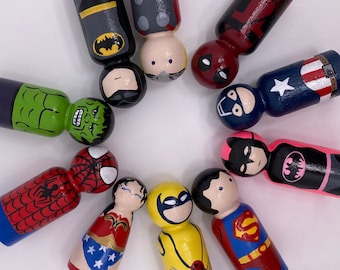 Marvel and DC Comic Superhero Handpainted Peg Doll Toy Wood