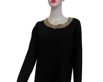 Vintage 1990s Black Sweater with Gold Beaded Trim