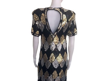 Vintage 1980s Black and Gold Sequined Cocktail Dress