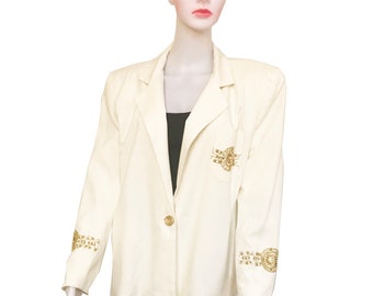 Vintage 1980s The Icing White & Gold Beaded Blazer