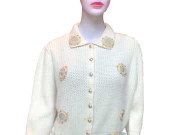Vintage 1950s One-Of-A-Kind Embellished Cardigan With Appliques and Bows