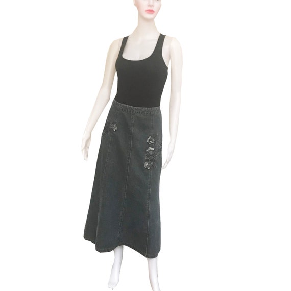 Vintage 1990s Embroidered Denim Midi Skirt - image 1