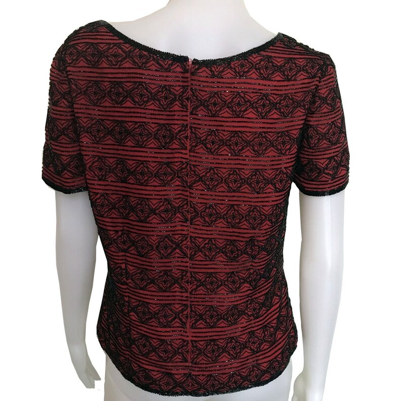 Vintage 1980s Niteline Red and Black Beaded Silk Blouse image 3