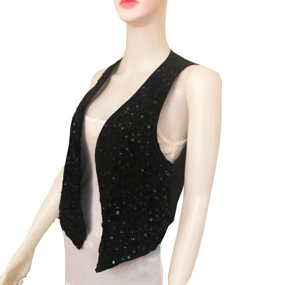 Vintage 1970s Black Velvet Sequined Vest - image 2