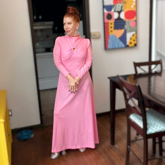 Vintage 1970s Pink Maxi Dress Long-Sleeved Formal… - image 7