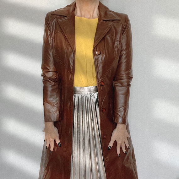 Vintage 1970s Cognac Color Leather Trench Coat - image 2